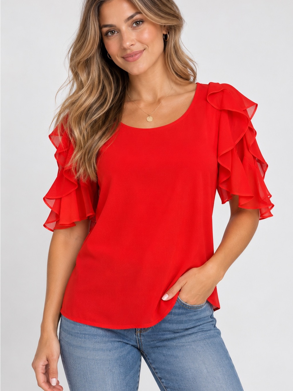 BOLD elements Red Ruffle Sleeve Scoop Neck Blouse